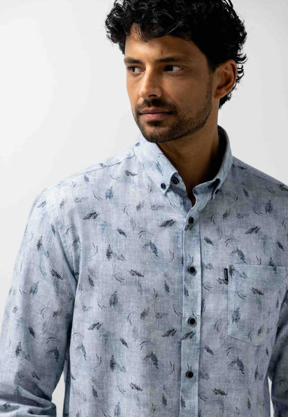 Overhemd botanische print - blauw/grijs