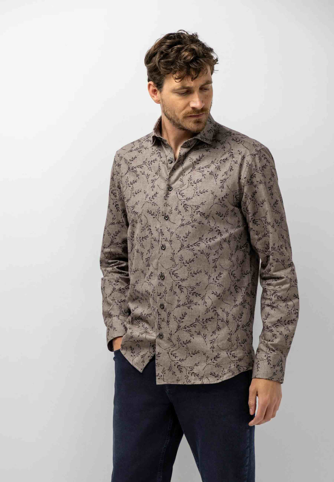 Overhemd twill met print - bruin