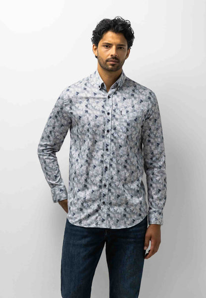 Overhemd flanel botanische print - blauw/grijs