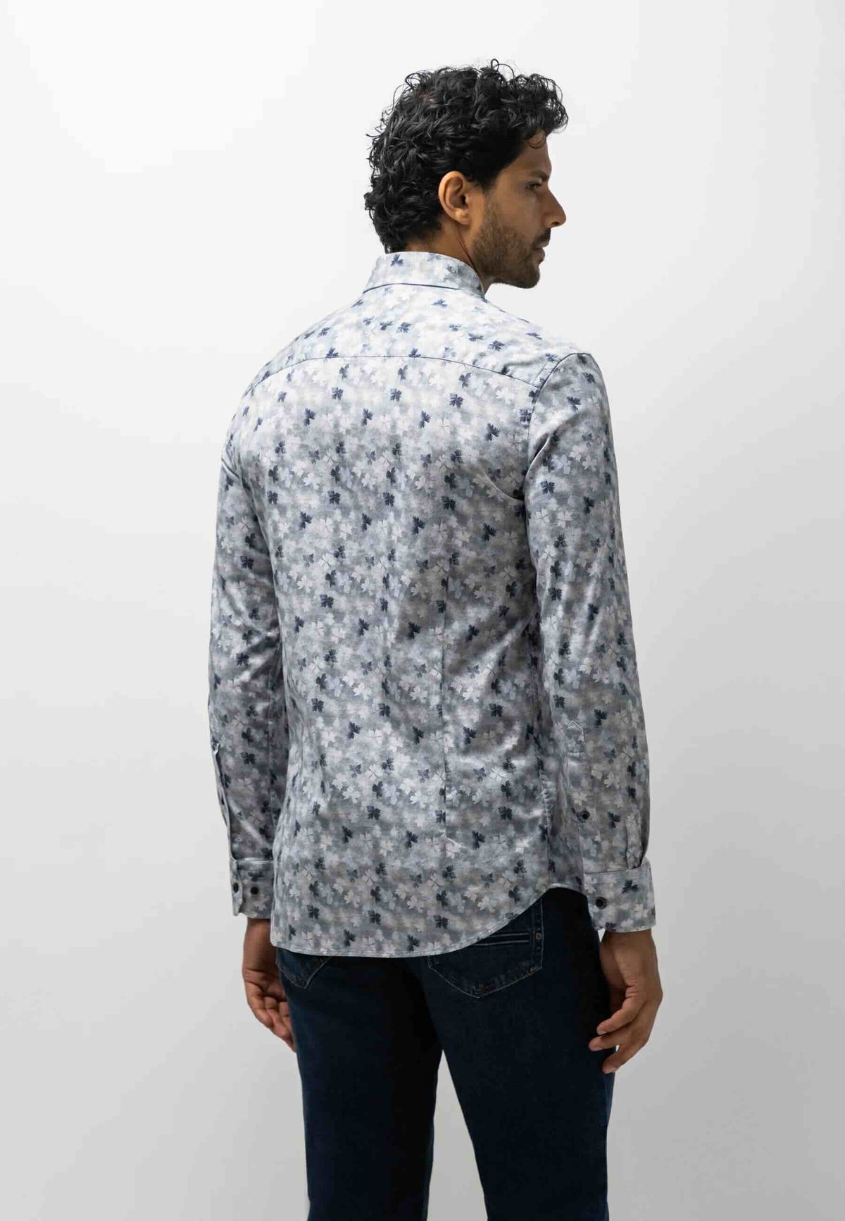 Overhemd flanel botanische print - blauw/grijs