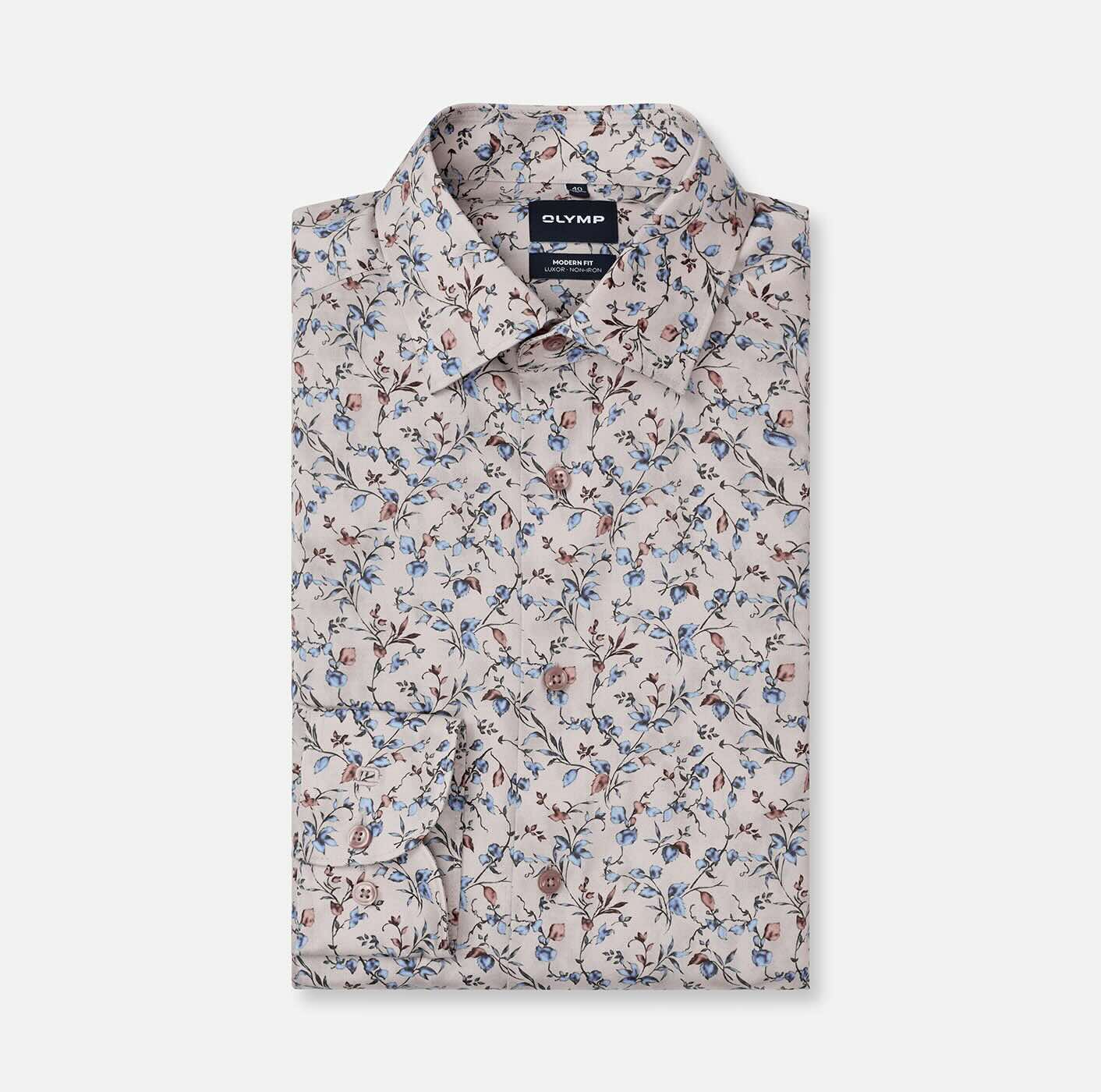 Overhemd Modern Fit Luxor strijkvrij printje - beige