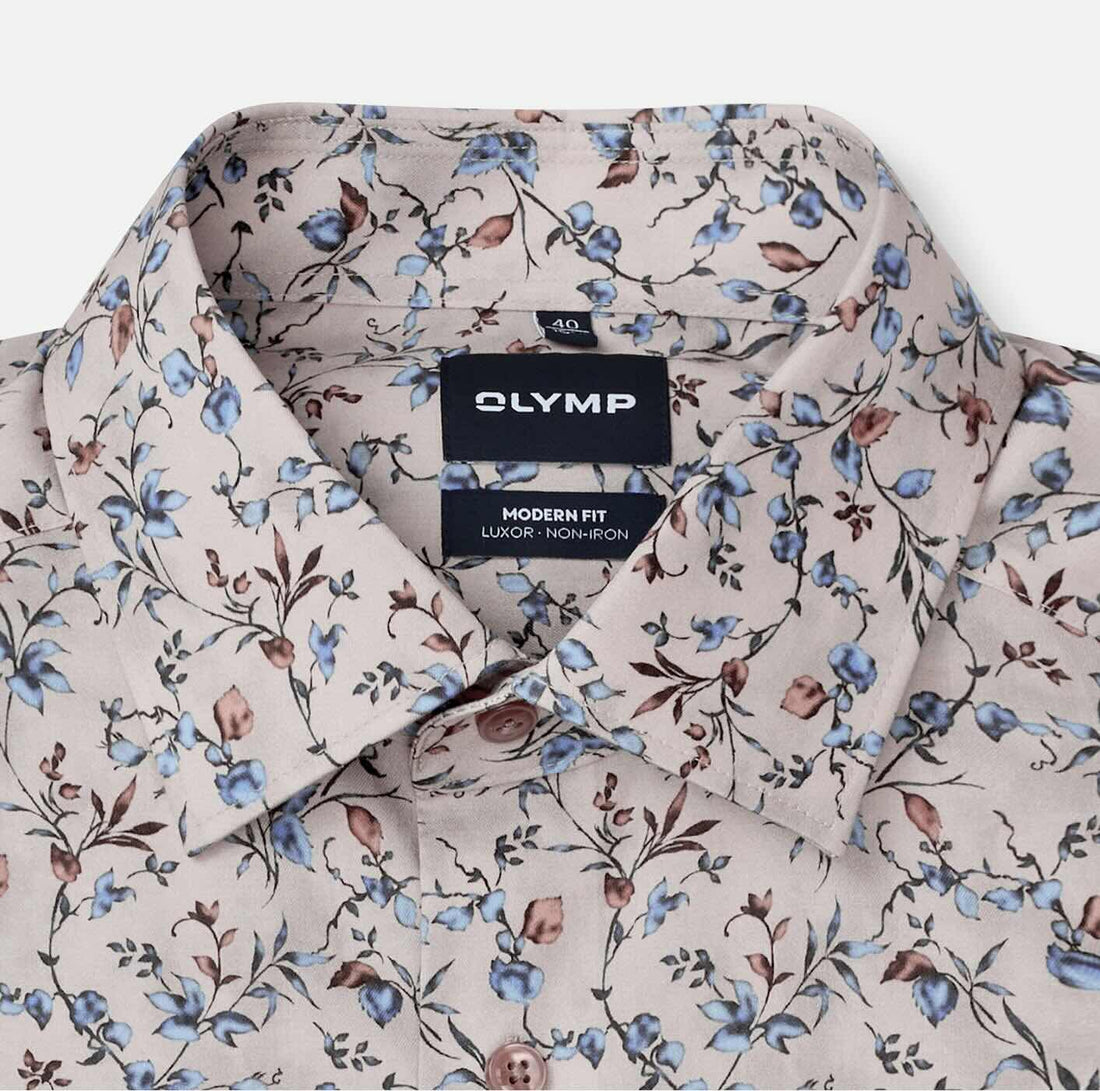 Overhemd Modern Fit Luxor strijkvrij printje - beige