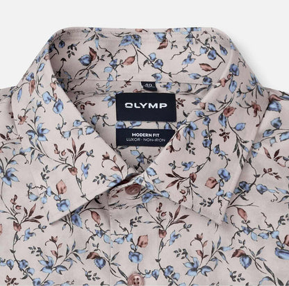 Overhemd Modern Fit Luxor strijkvrij printje - beige