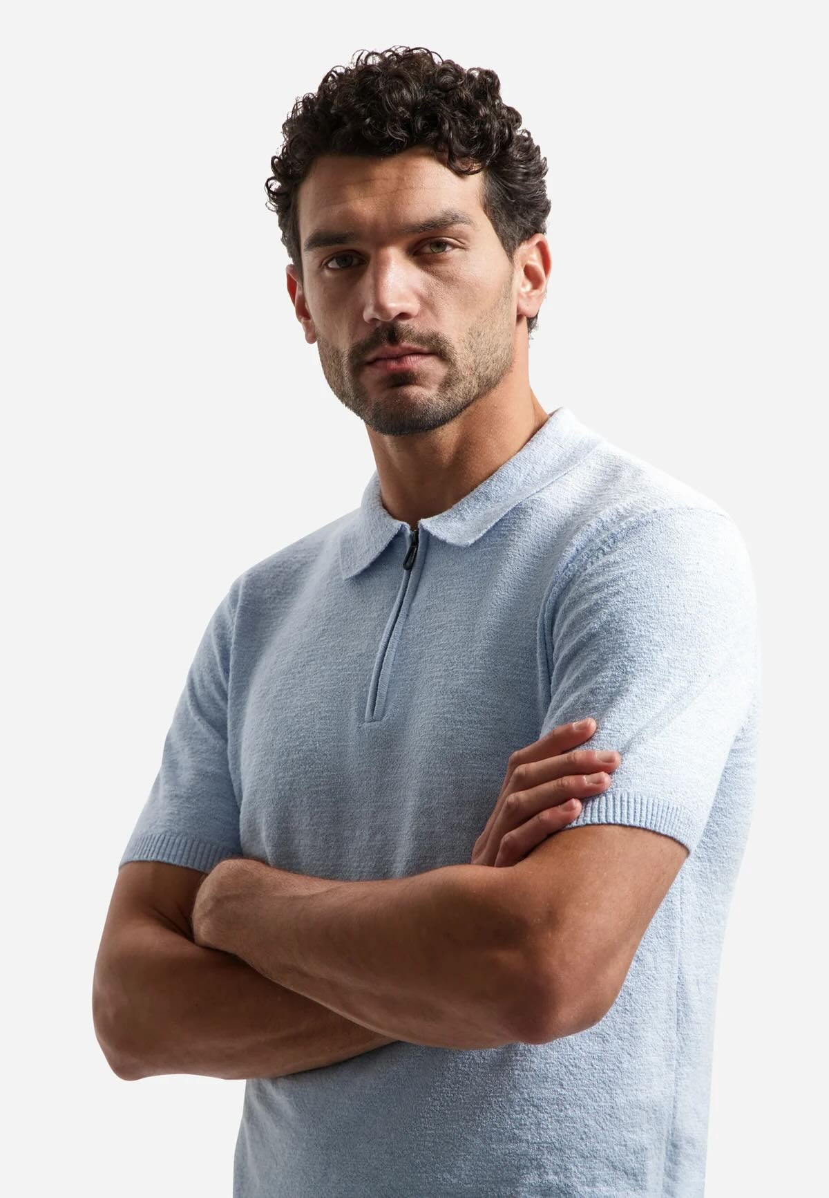 Polo gebreid met rits - lichtblauw