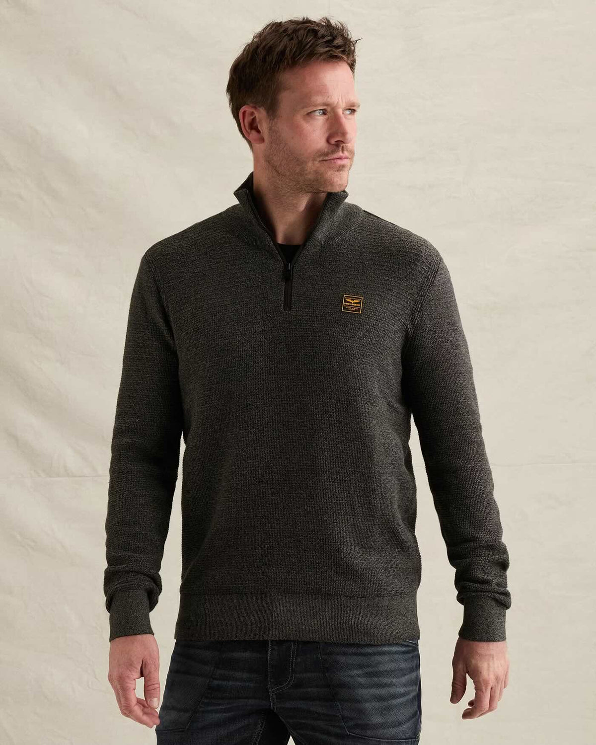 Trui mouliné met halve rits - jet black