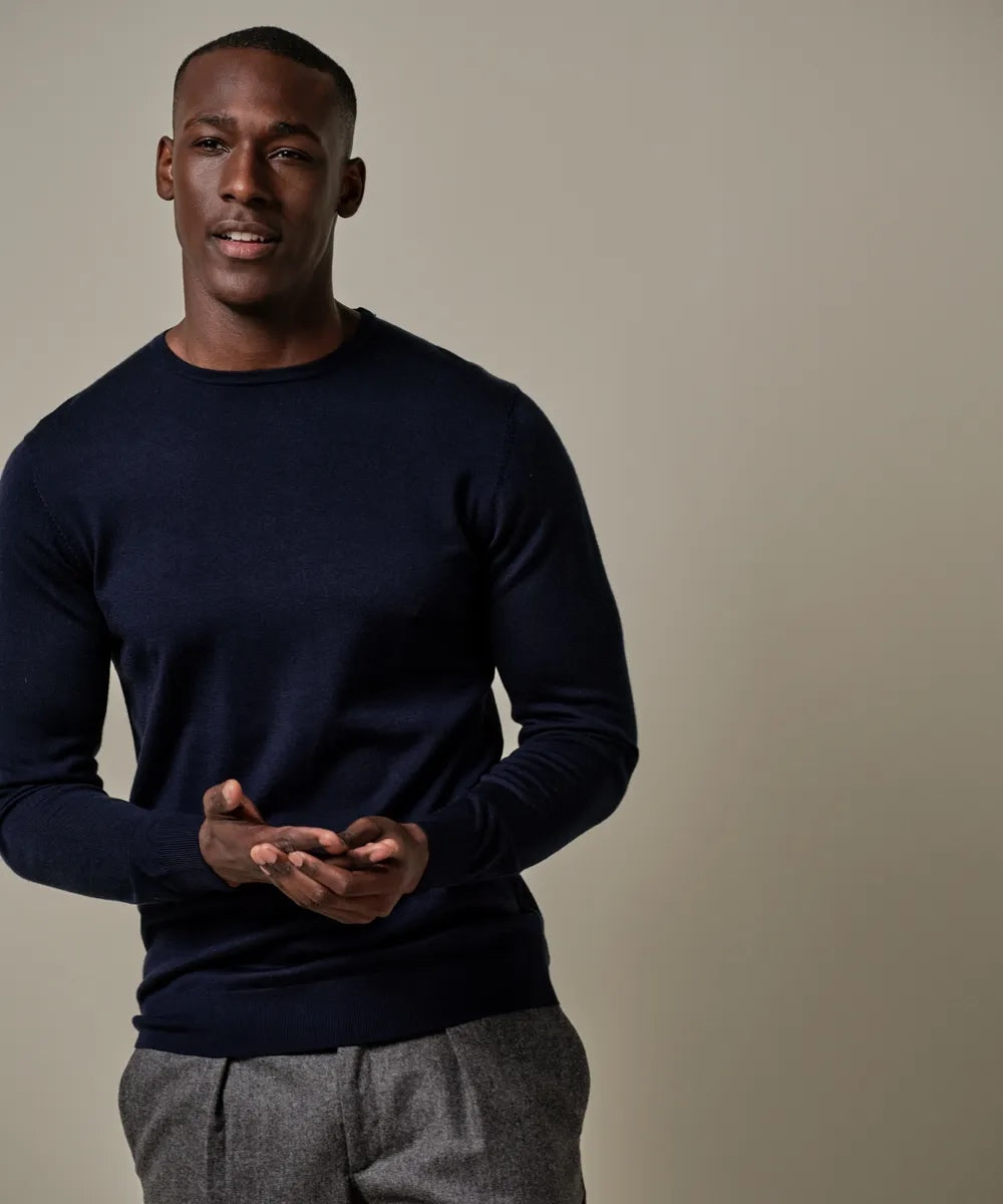 Trui merino crewneck - navyblauw