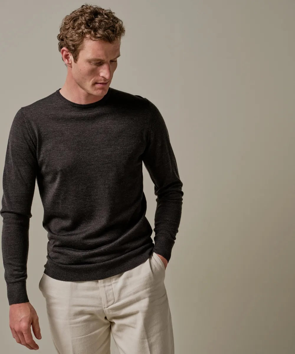 Trui merino crewneck - donkerbruin