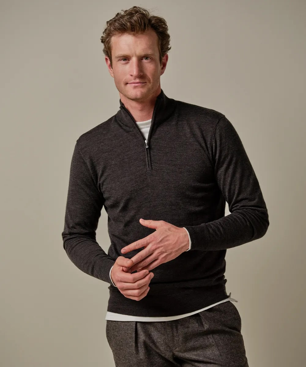 Trui merino halfzip - donkerbruin