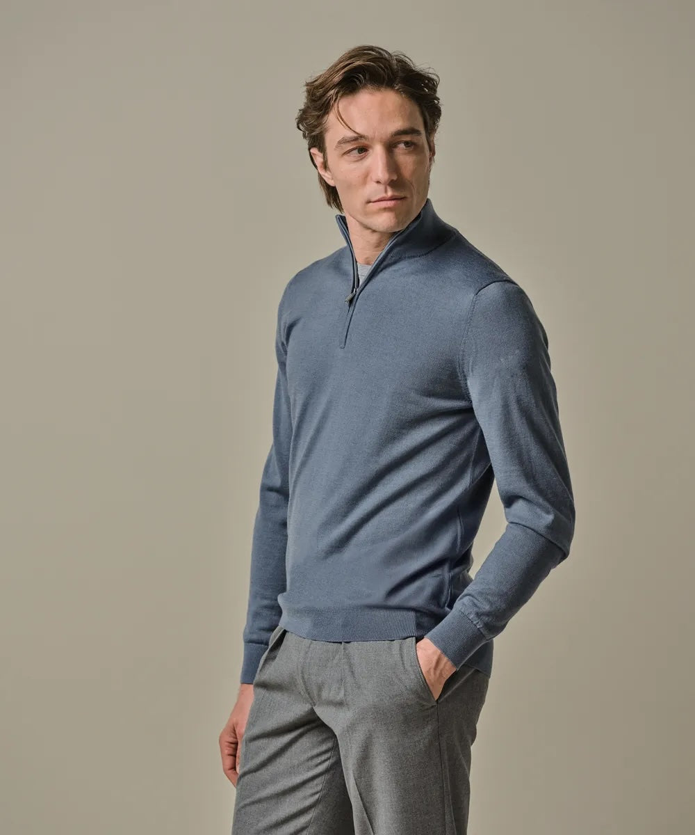 Trui merino half zip- blauw