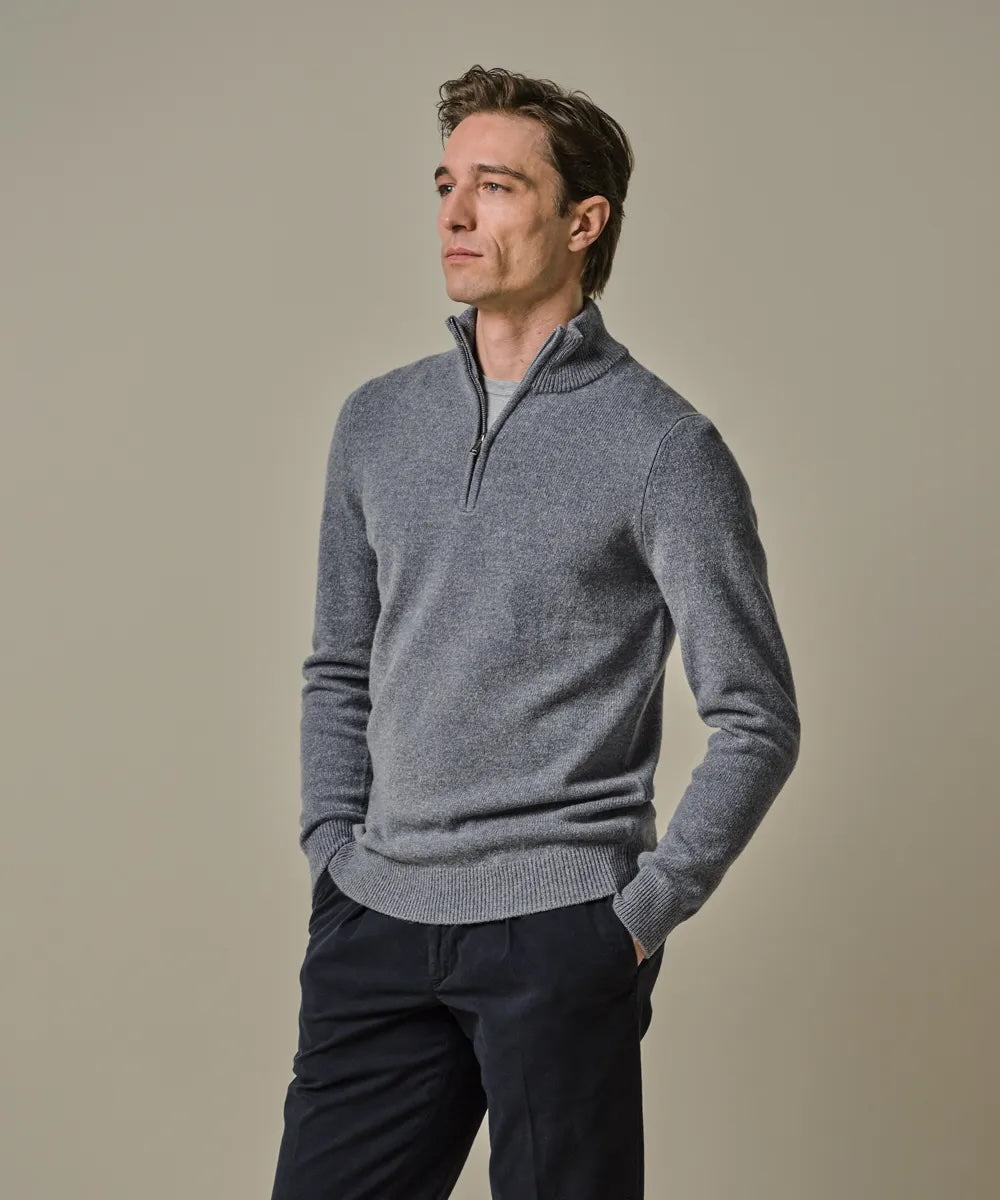Trui wol half zip- blauw
