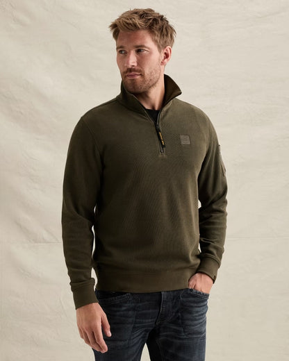 Sweater halve rits met flight pocket - beluga
