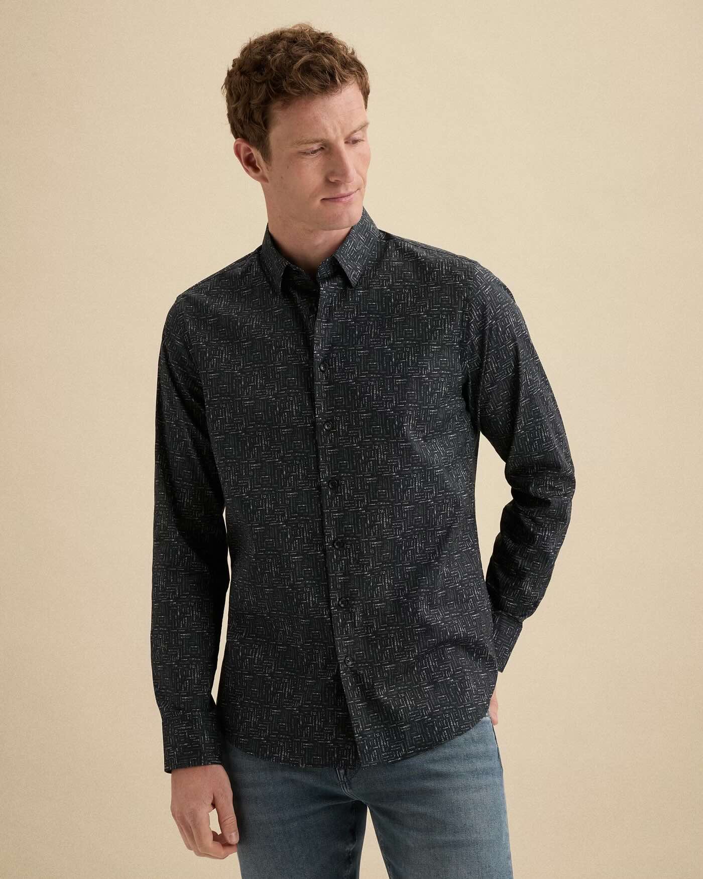 Overhemd allover print met stretch - blauw