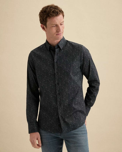Overhemd allover print met stretch - blauw
