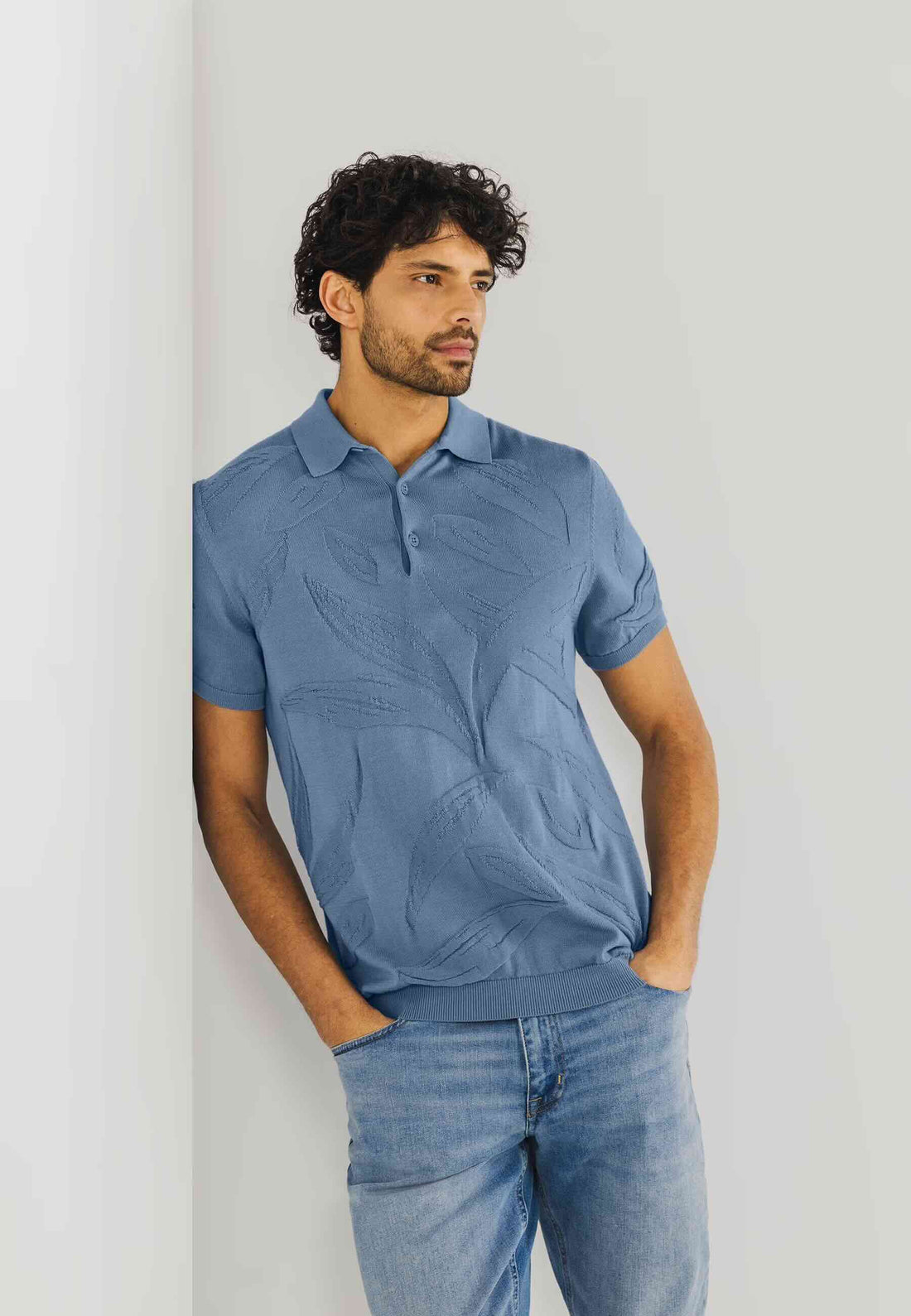 Polo structuurgebreid - blauw