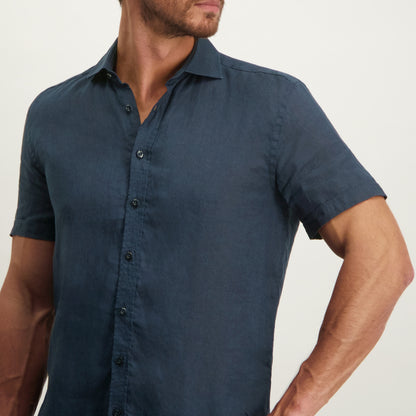Overhemd linnen korte mouw - donkerblauw