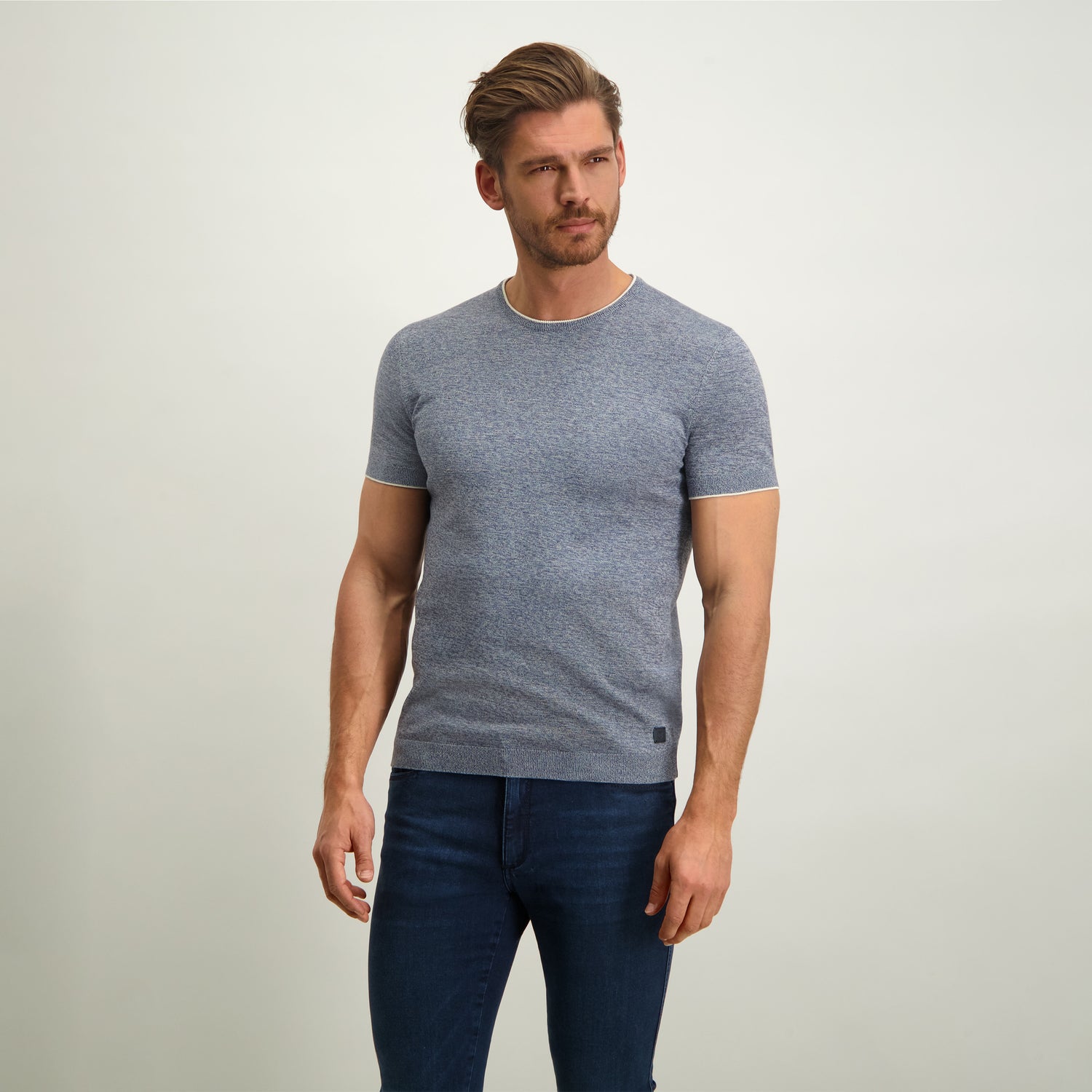 T-shirt structuurgebreid - donkerblauw/middenblauw