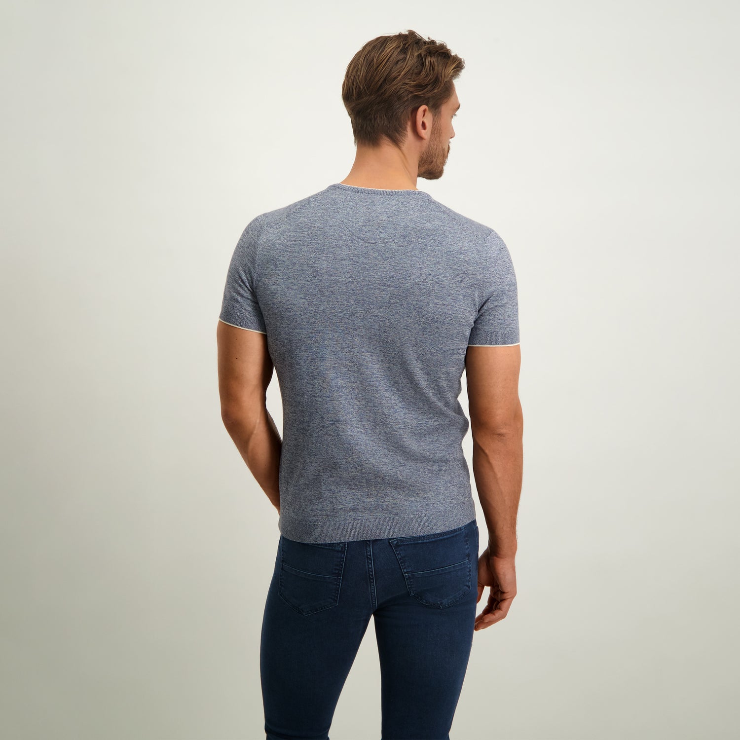 T-shirt structuurgebreid - donkerblauw/middenblauw
